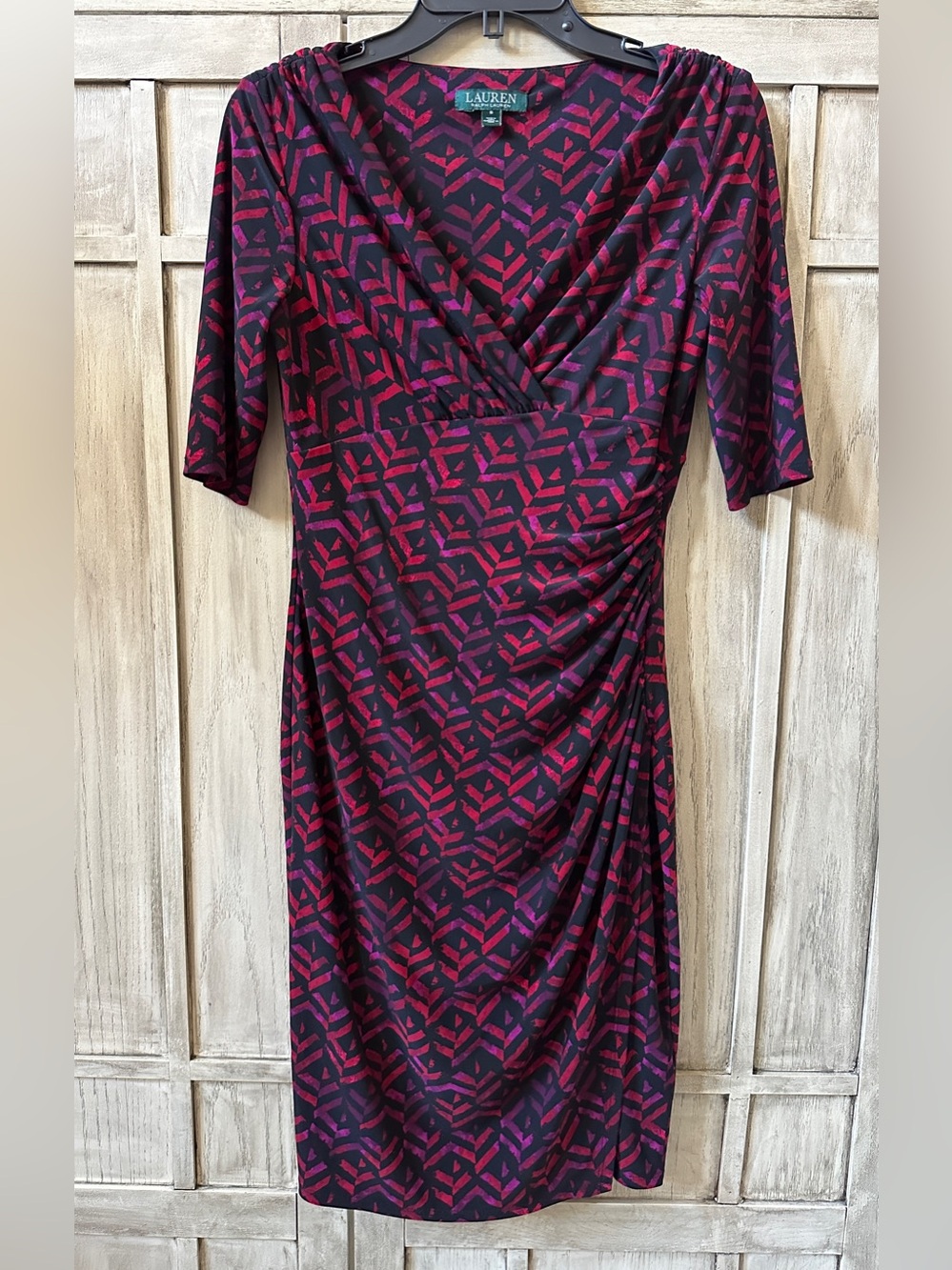 Lauren Ralph Lauren Women's Geometric Print Ruched Midi Dress Size 6 Red Black